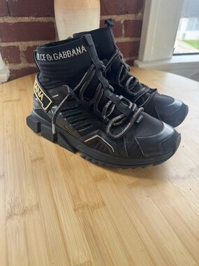 Dolce & Gabbana DG-84 Black High-Top Logo Sock Sneakers with Gold Accent size 43